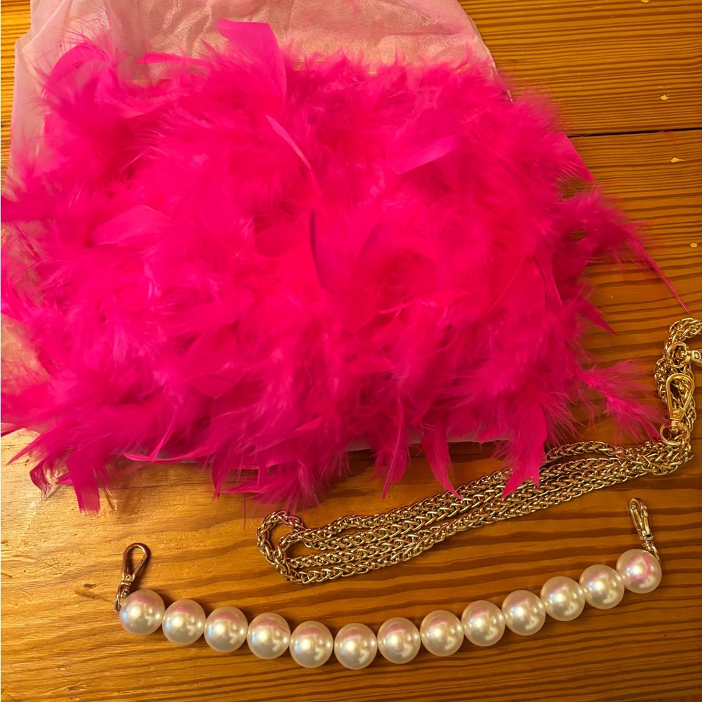 Pink Feather Boa with Pearl and Gold Chain